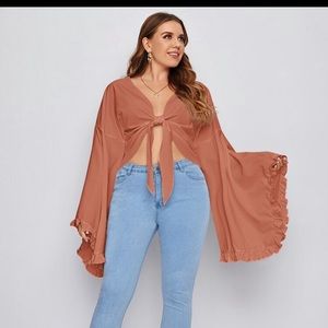 Plus Ruffle Bell Sleeve Tie Front Top
